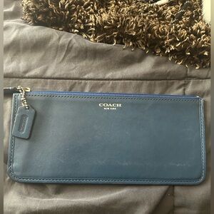 Coach Navy Blue Leather Zip Wristlet with Gold Logo